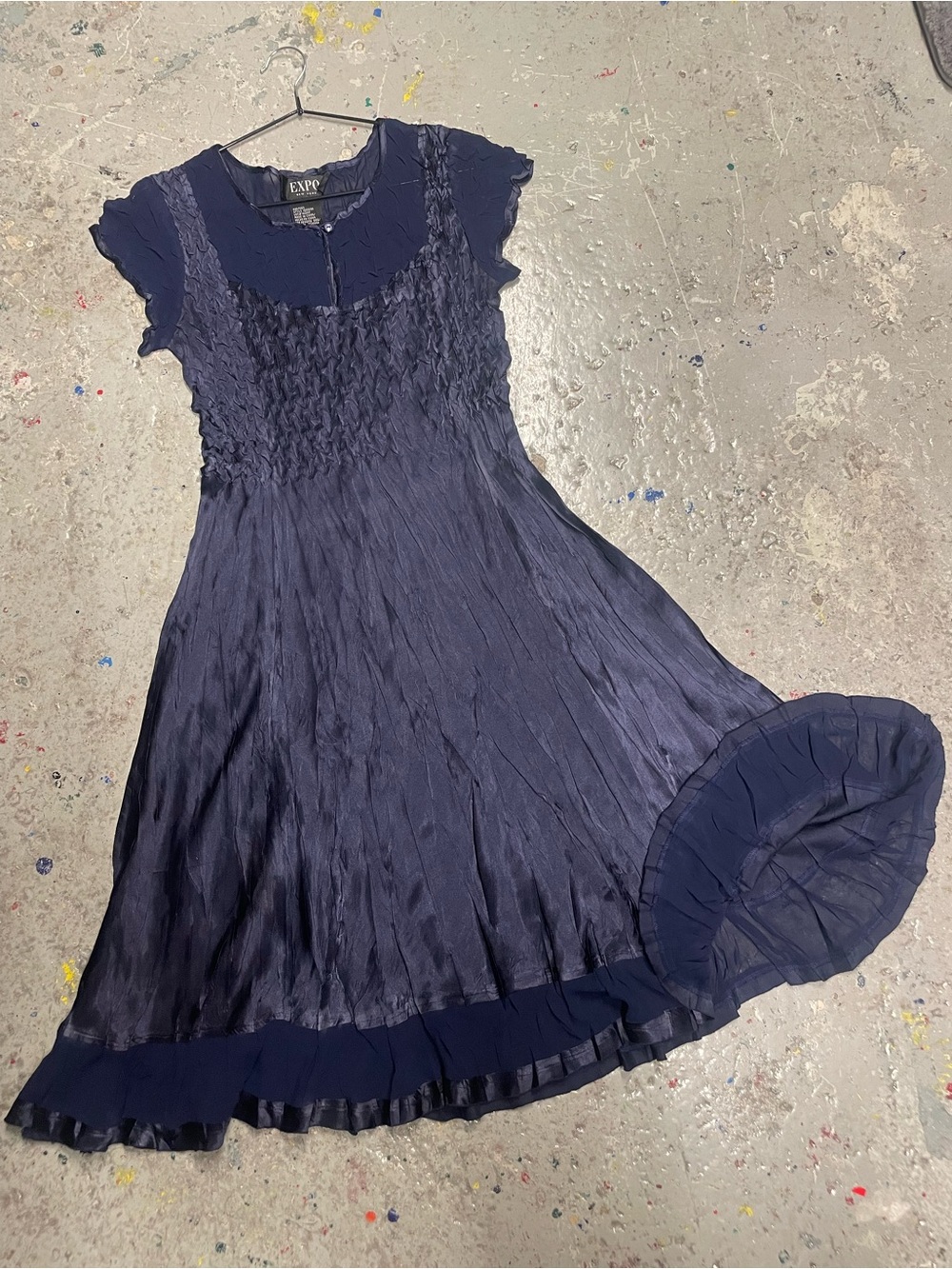 Vintage 90s Expo New York Navy Crinkle Satin Smocked Mini Dress Size L - Picture 2 of 9